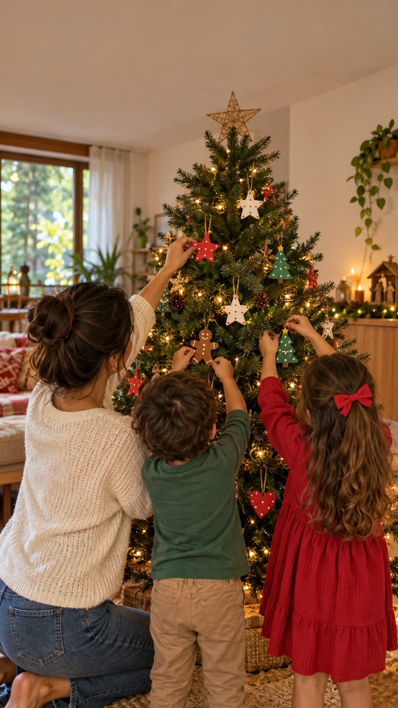 Crianças pendurando os enfeites na árvore de Natal (imagem ilustrativa)