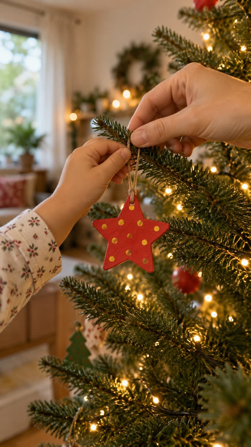 Mão de criança e mão da mãe pendurando juntas uma estrela vermelha de cerâmica fria na árvore de Natal (imagem ilustrativa)