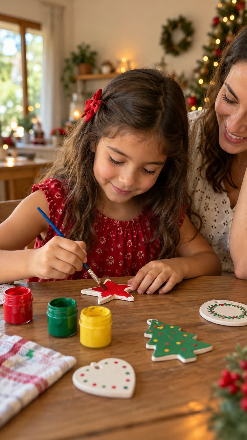 Menina pintando um enfeite de pinheiro com pincel (imagem ilustrativa)